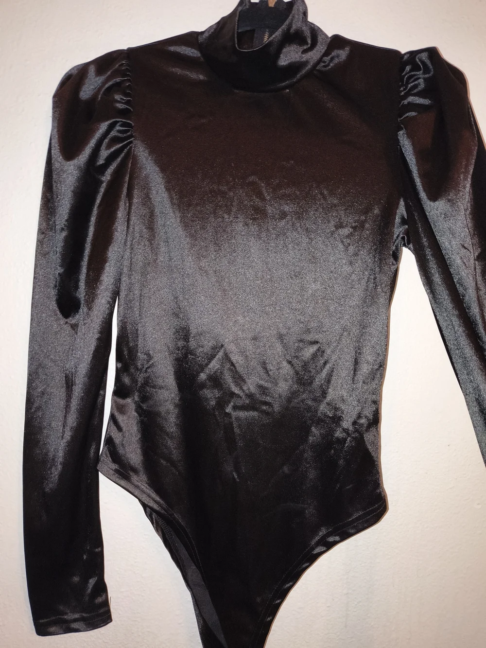 Vintage Black Satin Puff Sleeve Bodysuit High Neck Gothic Disco 80s Glam Size L - Picture 8 of 9